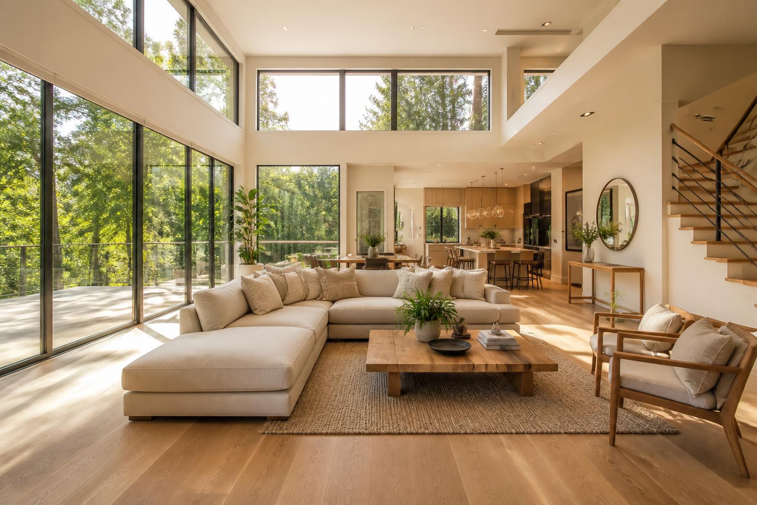 Bright modern living room with floor-to-ceiling windows overlooking lush green trees